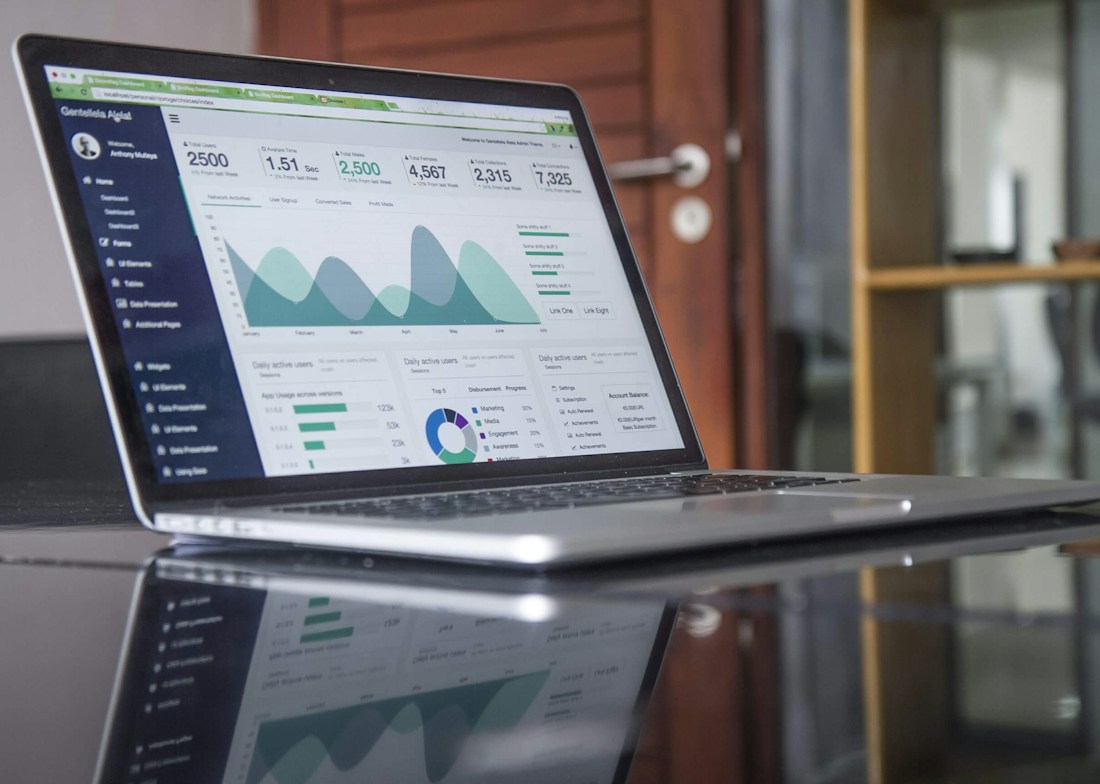 Laptop displaying charts for a digital business